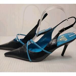 John Fluevog Cougar Tibby Pointed Toe Stilleto Heels Sz 10 Black Turquoise